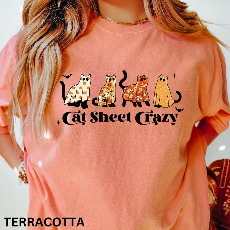 Womens graphic tees, Womens Halloween Cat Shirt, Cat Sheet Crazy Shirt, Cats Shirt, Cat Mom, Comfort Colors Halloween Shirt, Casual Shirt Unisex, Halloween Clothing, Graphic Halloween Apparel, Casual Cotton T-shirt, Unisex Halloween