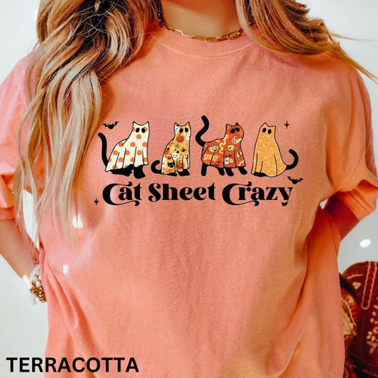 Womens graphic tees, Womens Halloween Cat Shirt, Cat Sheet Crazy Shirt, Cats Shirt, Cat Mom, Comfort Colors Halloween Shirt, Casual Shirt Unisex, Halloween Clothing, Graphic Halloween Apparel, Casual Cotton T-shirt, Unisex Halloween