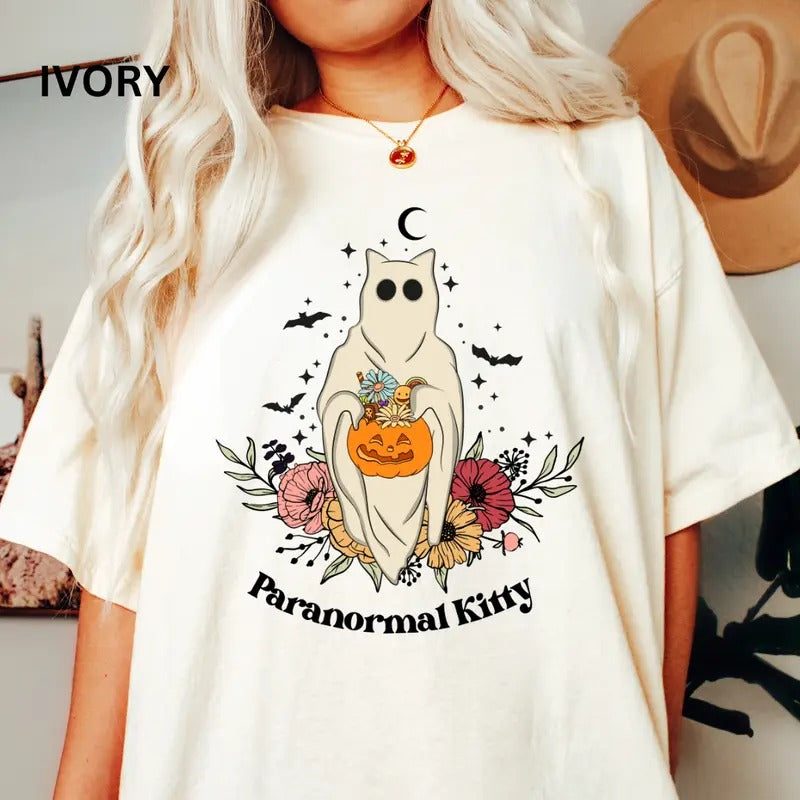 Womens graphic tees, Womens Halloween Cat Shirt, Paranormal Kitty Shirt, Cats Shirt, Cat Mom, Comfort Colors Halloween Shirt, Casual Shirt Unisex, Halloween Clothing, Graphic Halloween Apparel, Casual Cotton T-shirt, Unisex Halloween