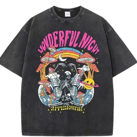 Wonderful Night Skeleton Butterfly Wave Print T-Shirts Fashion Tops Street Clothing Loose Wash Tee, Unisex T-Shirt, For Men Women Menswear Underwear