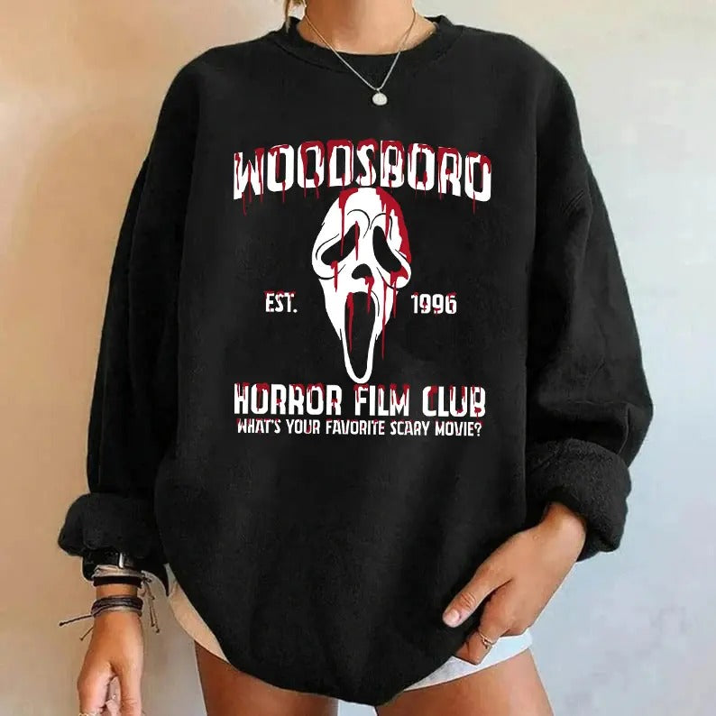 Woodsboro Halloween Sweatshirt, Halloween Film Club Sweatshirt, Woodsboro Scream Shirt, Scream Ghostface Sweater, Ghostface Halloween Sweater, Scary Movie Hoodie