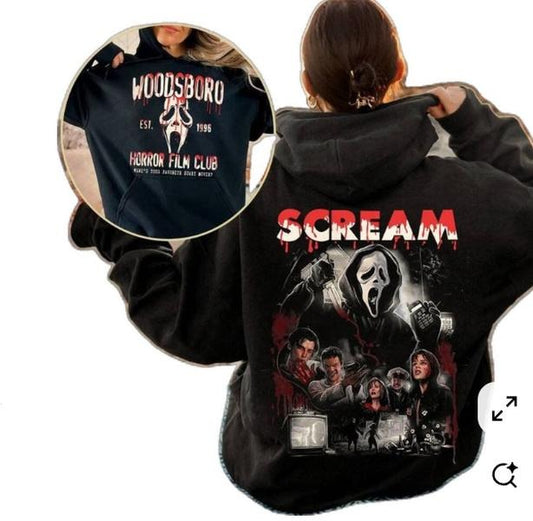 Woodsboro Horror Film Club 2 Sided Sweatshirt, Ghostface Shirt, Scary Halloween Hoodie, Woodsboro Scream Shirt, Scream Ghost Shirt