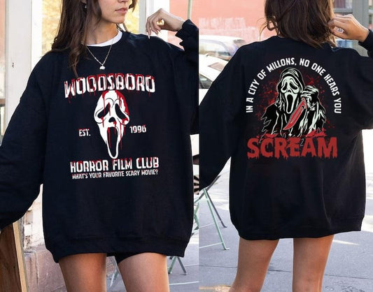 Woodsboro Horror Film Club Sweatshirt, Horror Ghostface Halloween Sweater, Halloween Ghostface Vintage Tee Shirt, Scary Movies Halloween T-Shirt, Ghostface Tee Shirt, Halloween Horror Characters Sweatshirt, Best Gift For Halloween, Both Side Printed