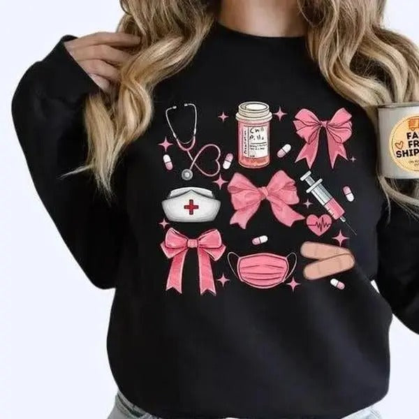 Work Cute Nurse Crewneck, Nurse Coquette Bow Sweater, NICU Sweaters, New Nurse Gift, Soft Girl Nurse Graduation Gift Idea, Unisex Shirt, Gift For Her
