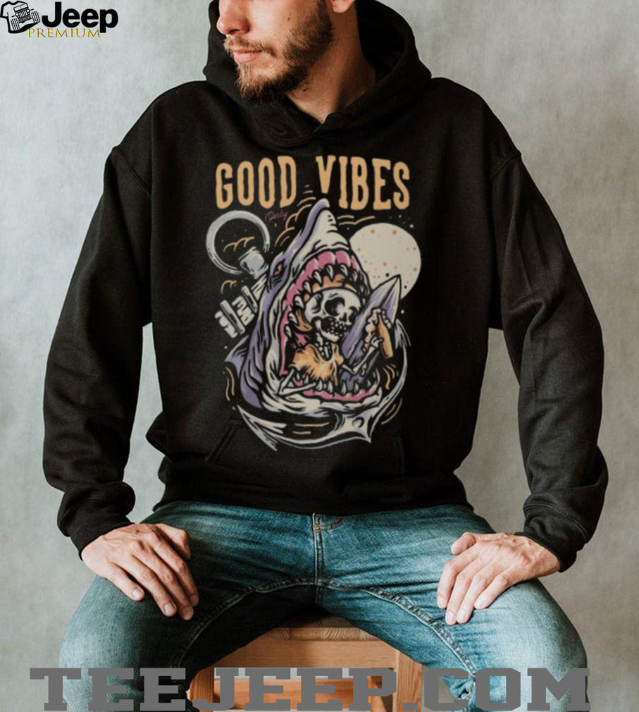 “Good Vibes Only” Surfing Skeleton Shark Jaw Nautical Art T shirt