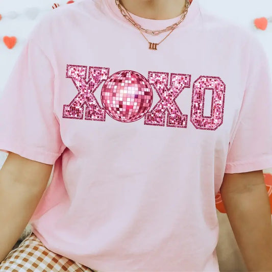 XOXO Faux Sequin Disco Ball Valentine's Day Sweatshirt, Retro Love T-Shirt, Trendy Valentine's Crewneck Unisex