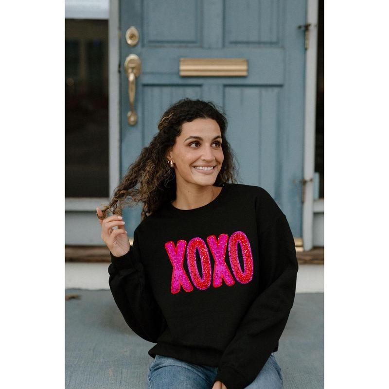 XOXO Valentine's Day Sequin Print Sweatshirt Puff Text Pink Valentine's Sweater, Custom Valentines Day Gift for Girlfriend Faux Sequin