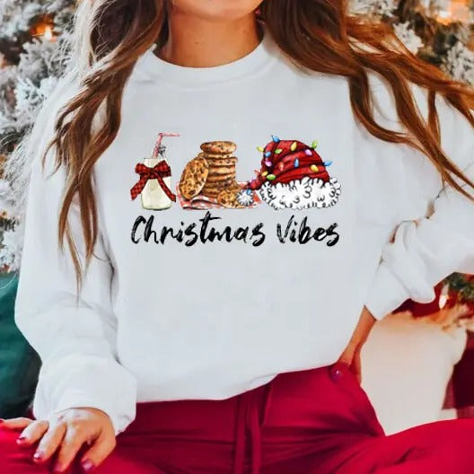 Xmas Vibes Shirt, Xmas Lights Shirt, Christmas Gift, Holiday Gift, Milk Cookies Santa Claus Hat Shirt, Christmas Family Matching Shirt