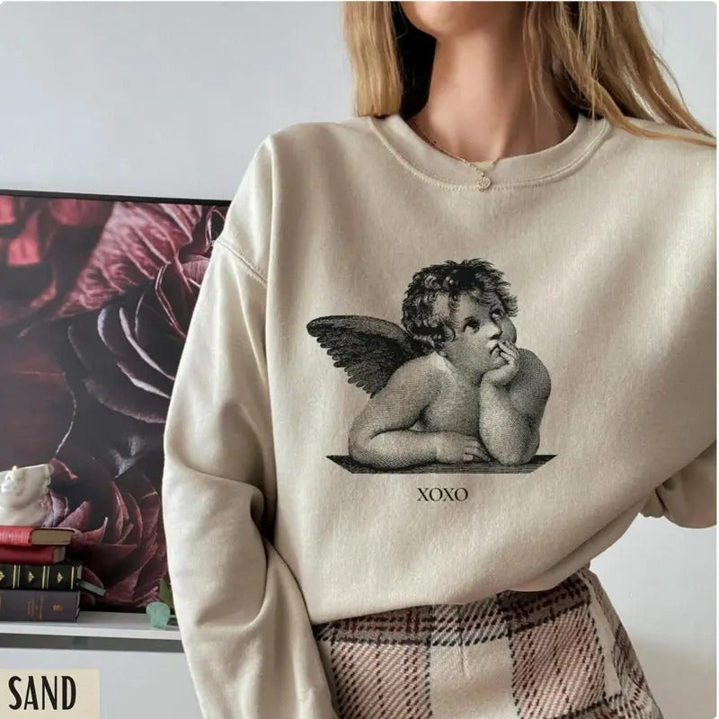 Xoxo Cherub Angel Sweatshirt, Light Academia Tee Shirt, Valentine Angel Cupid Sweater, Gift For Valentine's Day
