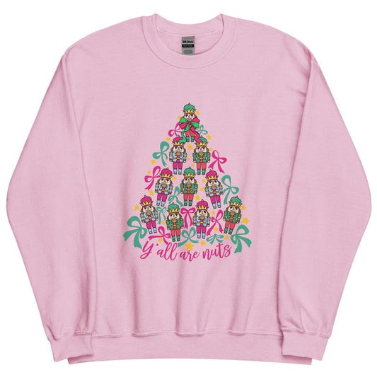 Y'all Are Nuts Christmas Tree Nutcracker Crewneck - Unisex Apparel Relaxed Fit Printed In The USA Clothing Womenswear Casual Comfort Cotton Top Athletic Boho Chic