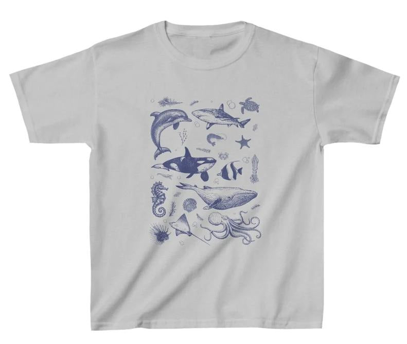 Y2K Baby Tee Vintage 90s Ocean Shirt, Retro Sealife Wonders with Whale, Orca, Turtle & Dolphin  - graphic baby tee - Womenswear