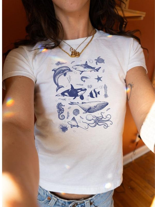 Y2K Baby Tee, Vintage 90s Ocean Shirt, Retro Sealife Wonders with Whale, Orca, Turtle and Dolphin Shirt, Summer Beach Baby Tee