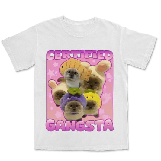 Y2K Certified Gangsta Funny Cat Meme T-shirt, Cute Cat Tshirt, Fantasy Kitten Tshirt, Love Cat Tshirt, Meme Cringe Funny Dumb Shirts, Unisex Graphic Tees Gothic Grunge Y2k Emo Scene Amity Affliction Style Clothes Menswear Womenswear Streetwear