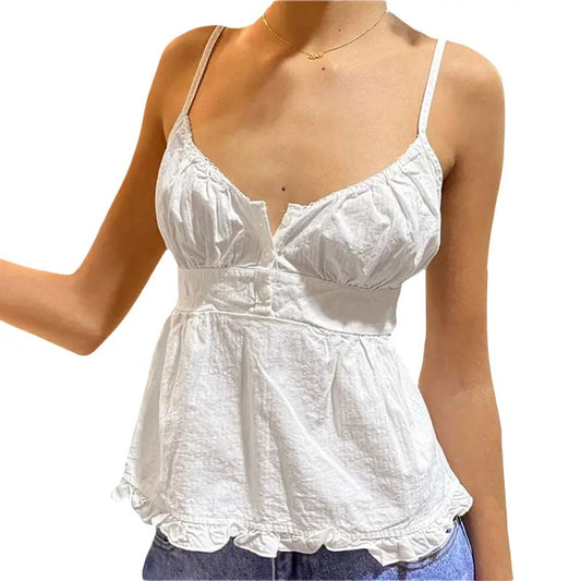 Y2K Girls Lace V Neck Camis Women Spaghetti Strap Ruffle Hem Crop Top Sleevess Button Down Cute Fairy Lace Trim Camisole