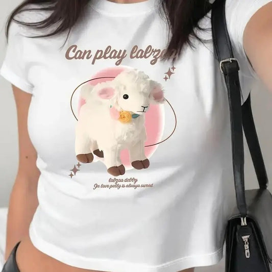 Y2K-Inspired Sheep Print Crop Top - Breathable Polyester Blend, Machine Washable, Women's Fashion Tee