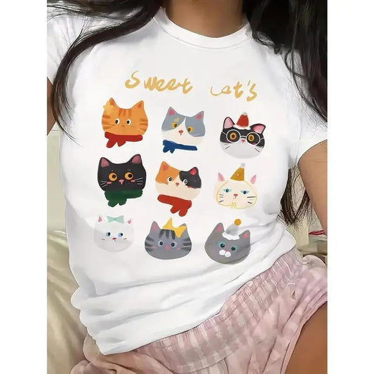 Y2K-Inspired Sweetheart Cat Graphic Tee for Women - Breathable Polyester Blend, Crew Neck, Short Sleeve, Machine Washable