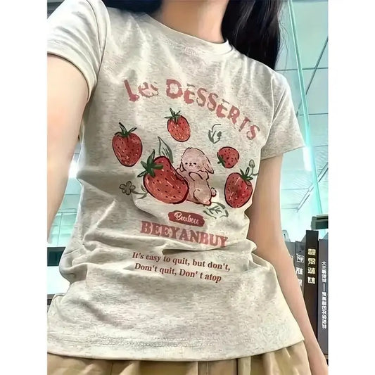 Y2K Summer New Cartoon Strawberry Harajuku Print T-shirt Short Sleeve Top Casual Women's Clothing