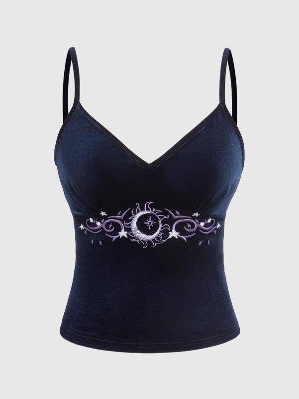 Y2k Cami Crop Top V Neck Spaghetti Strap Sun Moon Embroidery Tops