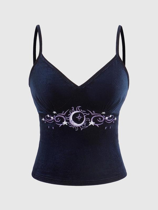 Y2k Cami Crop Top V Neck Spaghetti Strap Sun Moon Embroidery Tops