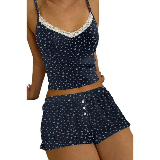 Y2k Girls Sexy Two Piece Pajamas Sets Women Cute Summer Outfits Sleeveless Cami Top Button Down Shorts Set Loungewear