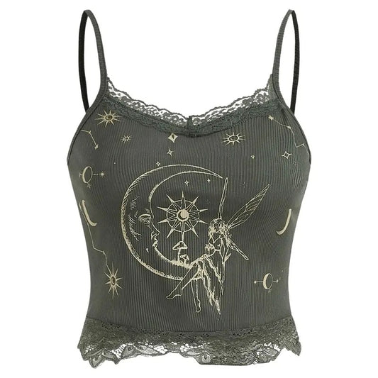 Y2k Lace Trim Cami Crop Top Sun Moon Print Casual Tops Womenswear Clothes Tank Tops