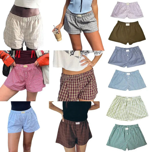 Y2k Plaid Shorts Baggy Boxer Shorts for Women Elastic Waist Casual Lounge Bottom Gingham Pajama Shorts Sleepwear