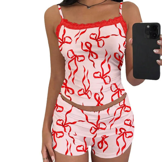 Y2k Summer Sexy Pajamas Sets Women Cute Two Piece Lounge Set Sleeveless Lace Trim Cami Top Fold over Shorts Party Outfits