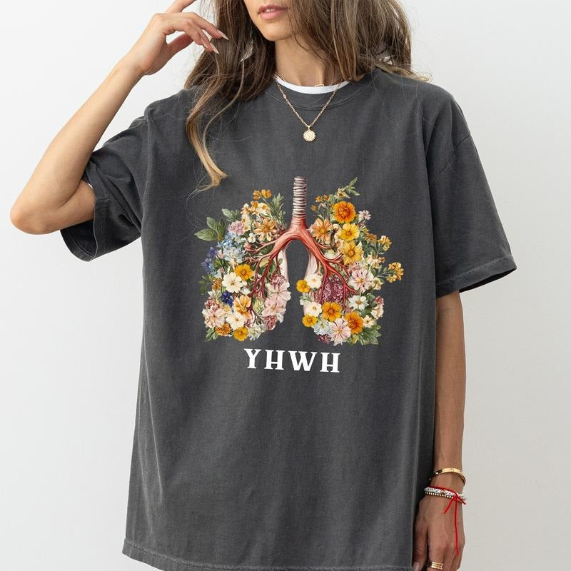 YHWH Lungs Comfort Colors Shirt, Floral Breathe Unisex Graphic Tee, Retro Women's Faith Shirt, Christian Gift Clothing