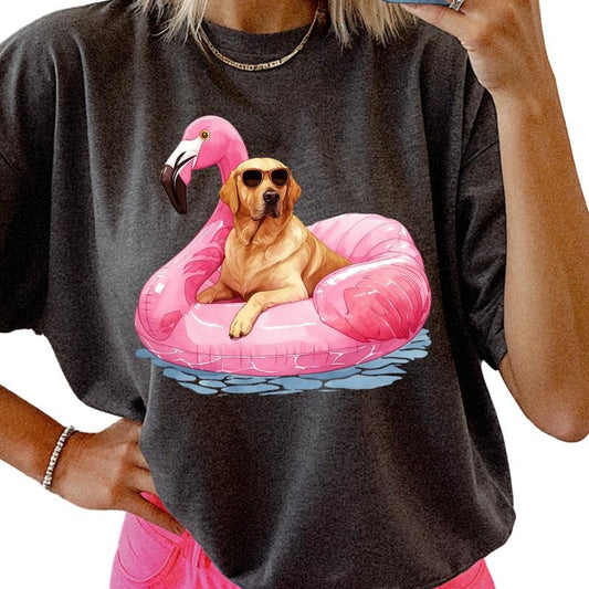 Yellow Lab Flamingo Float Dog Shirt ~ Unisex Apparel Relaxed Fit Printed In The USA Clothing Womenswear Casual Comfort Cotton Top Athletic Boho Chic