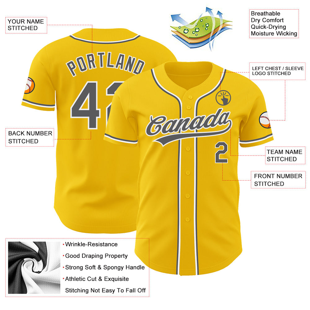 Custom Yellow Steel Gray-White Authentic Baseball Jersey