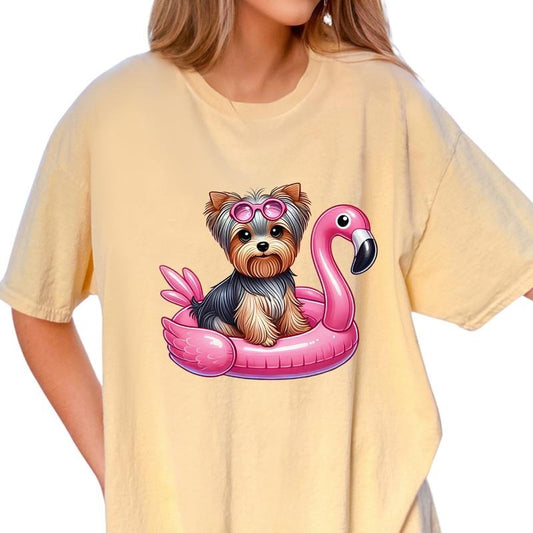 Yorkie Flamingo Float Dog Shirt ~ Unisex Apparel Relaxed Fit Printed In The USA Clothing Womenswear Casual Comfort Cotton Top Athletic Boho Chic