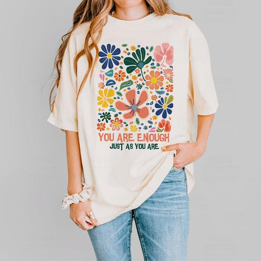 You Are Enough Comfort Colors Shirt, Retro Flowers Shirt, Y2K T-shirt, Aesthetic Tee, Aesthetic Clothes, Positive Shirt, Graphic on Back Tee, Boho Shirt, Oversized Tee, Festival Tee, Flower Lover Tee, Women Top Tee Casual Floral Comfortable Breathable