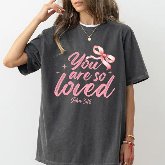 You Are So Loved Shirt Comfort Colors, Coquette Christian Bow Graphic Printed Crewneck, Christian Pink Bow Shirt, Spiritual Comfy Short Sleeve Pullover, Religious Comfy Oversized Womenswear, Gift Woman Christian Sweater, Soft Fabric Unisex Sweatshirt