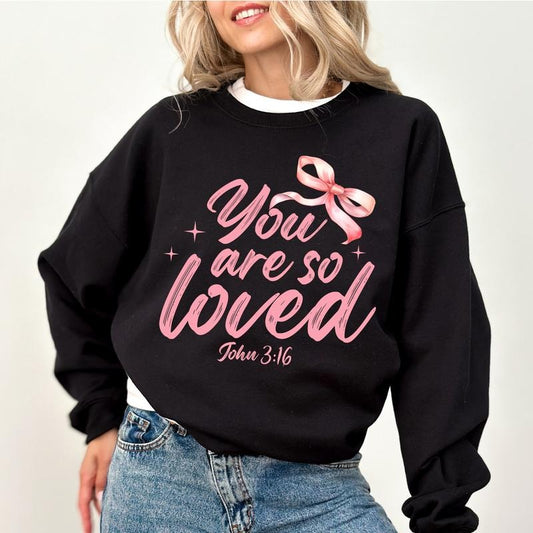 You Are So Loved Sweatshirt, Christian Pink Bow Sweater, Coquette Christian Bow Graphic Printed Crewneck, Spiritual Comfy long Sleeve Pullover, Religious Comfy Oversized Womenswear, Gift Woman Christian Sweater, Soft Fabric Unisex Sweatshirt