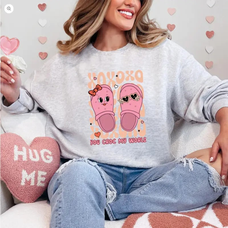 You Croc My World Valentine Printed Sweatshirt, Funny Sweatshirt, Xoxo Sweater, Cute Valentine Shirt, Printed Comfort...