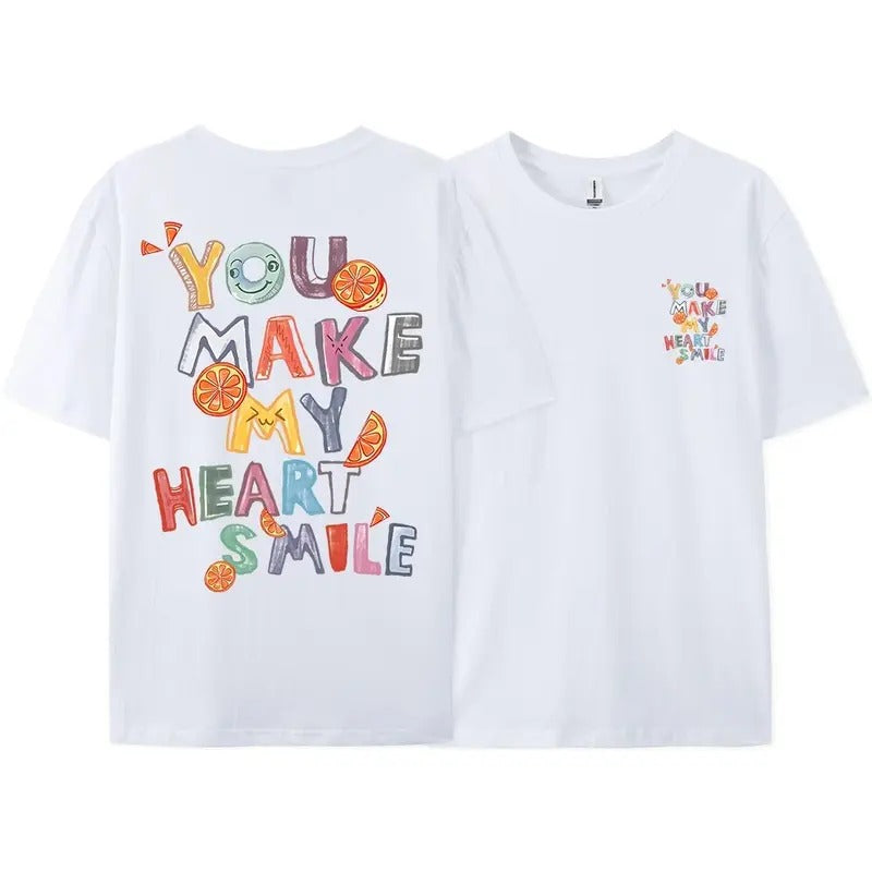 You Make My Heart Smile Fruit Letter Graphic T-Shirt Men Loose Casual Short Sleeve T-shirt Harajuku Breathable Cotton Tees