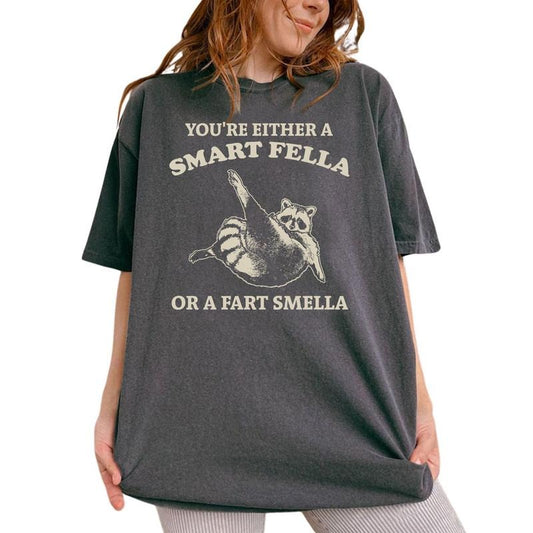 You're Either A Smart Fella Or A Fart Smella Shirt, Meme Graphic Printed Tee, Funny Raccoon Tee Women, Raccoon Lover Unhinged Shirt, Sarcastic Unisex Comfy Fabric Graphic Tee, Women's Tops, Womenswear, Cotton Fabric Tee