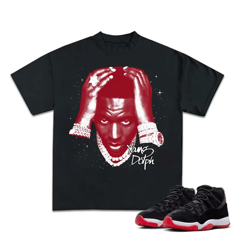 Young Dolph Match 11s Bred Velvet Sneakers Outfits, Menswear Essentials, Cotton T-shirt with Graphic Tee, Y2K Streetwear, Hip Hop Vibes
