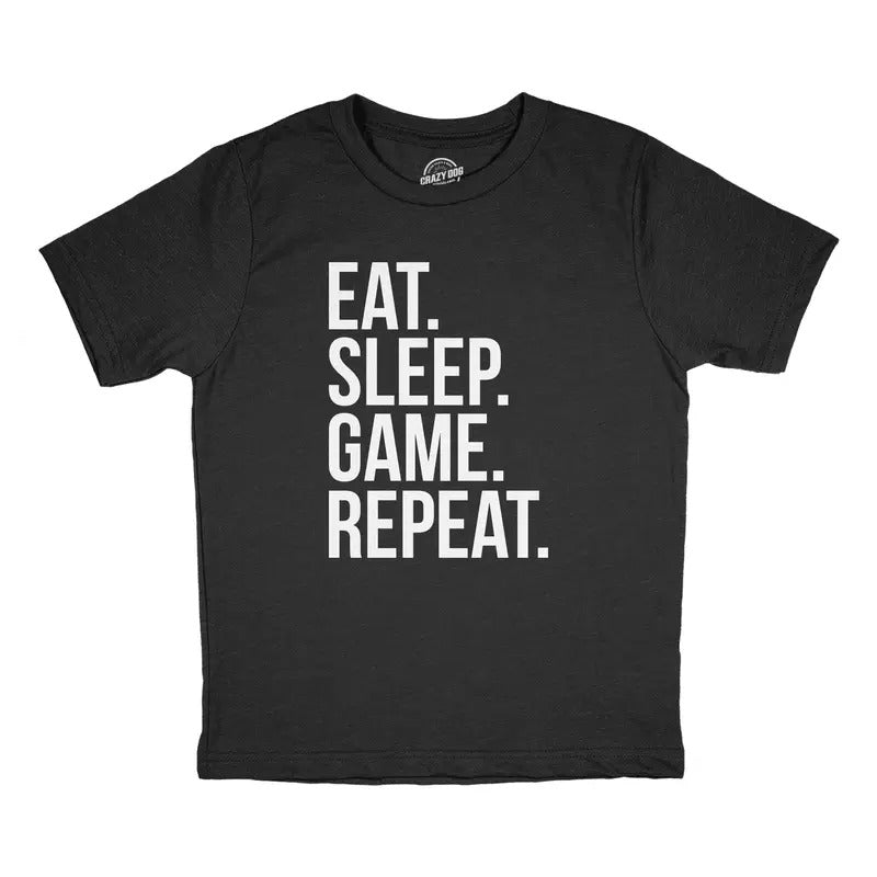 Youth Eat Sleep Game Repeat T Shirt Funny Nerdy Gamer Tee For Kids Funny T Shirts Gamer Tops for Kids Funny Nerd Short Sleeve Novelty Tees for Kids Black -