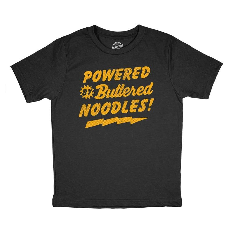 Youth Funny T Shirts Powered By Butter Noodles Sarcastic Food Graphic Novelty Tee For Kids Funny T Shirts Sarcastic Tops...
