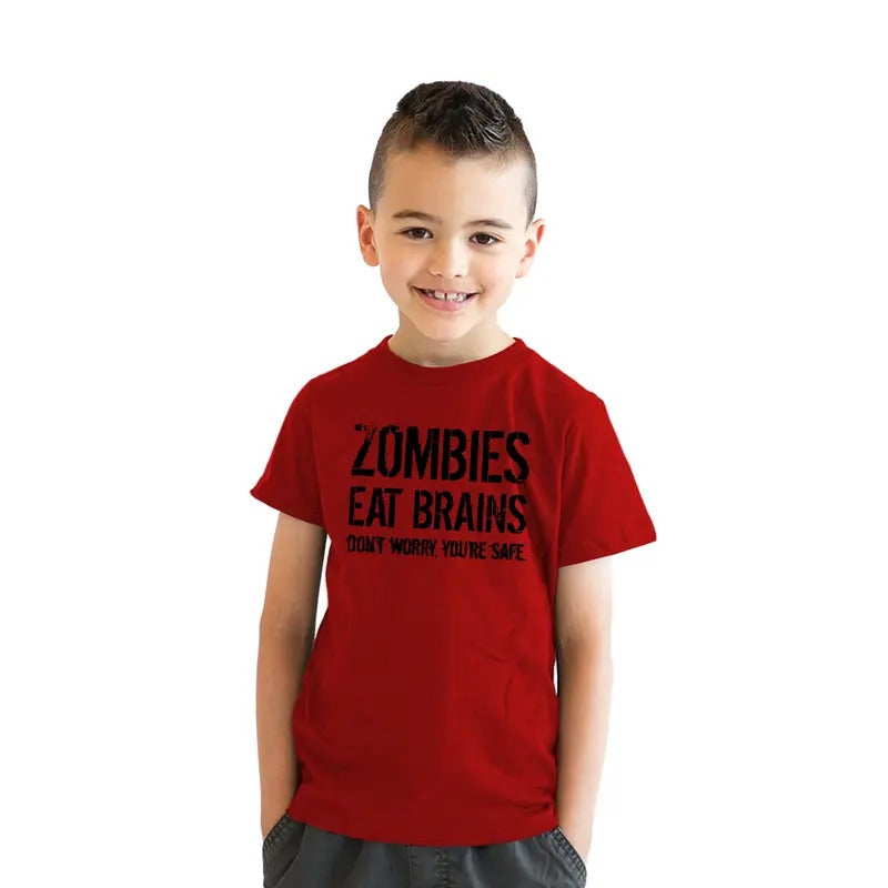 Youth Zombies Eat Brains Shirt Funny T Shirt Living Dead Halloween Outbreak Tee Funny T Shirts Halloween Tops for Kids Funny Sarcastic Short Sleeve Novelty Tees for Kids Red
