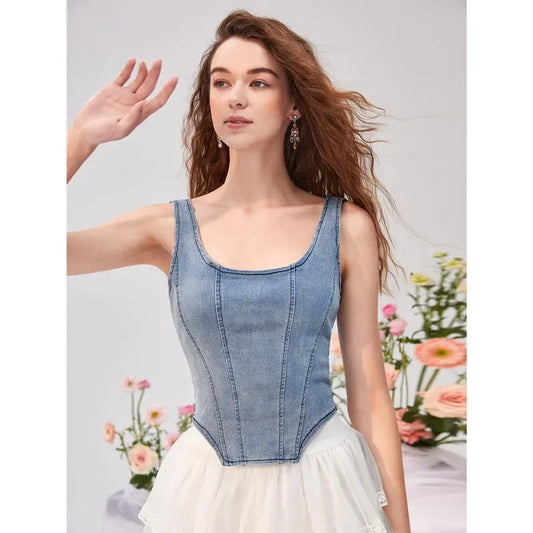 Zip Up Back Asymmetrical Scoop Neck Sleeveless Denim Crop Tank TopY2K