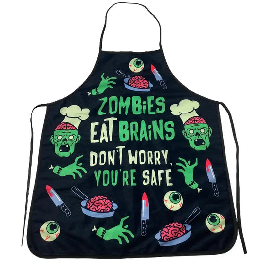 Zombies Eat Brains Don't Worry You're Safe Funny Halloween Brains Cooking Graphic Kitchen Smock Funny Graphic Kitchenwear Halloween  Black