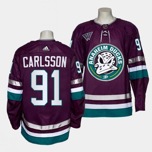 anaheim ducks #91 leo carlsson alternate navy 30th season jersey
