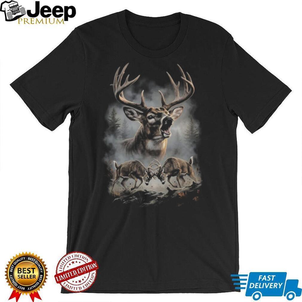 Fighting Whitetail Bucks Forest Mist Nature Graphic T shirt