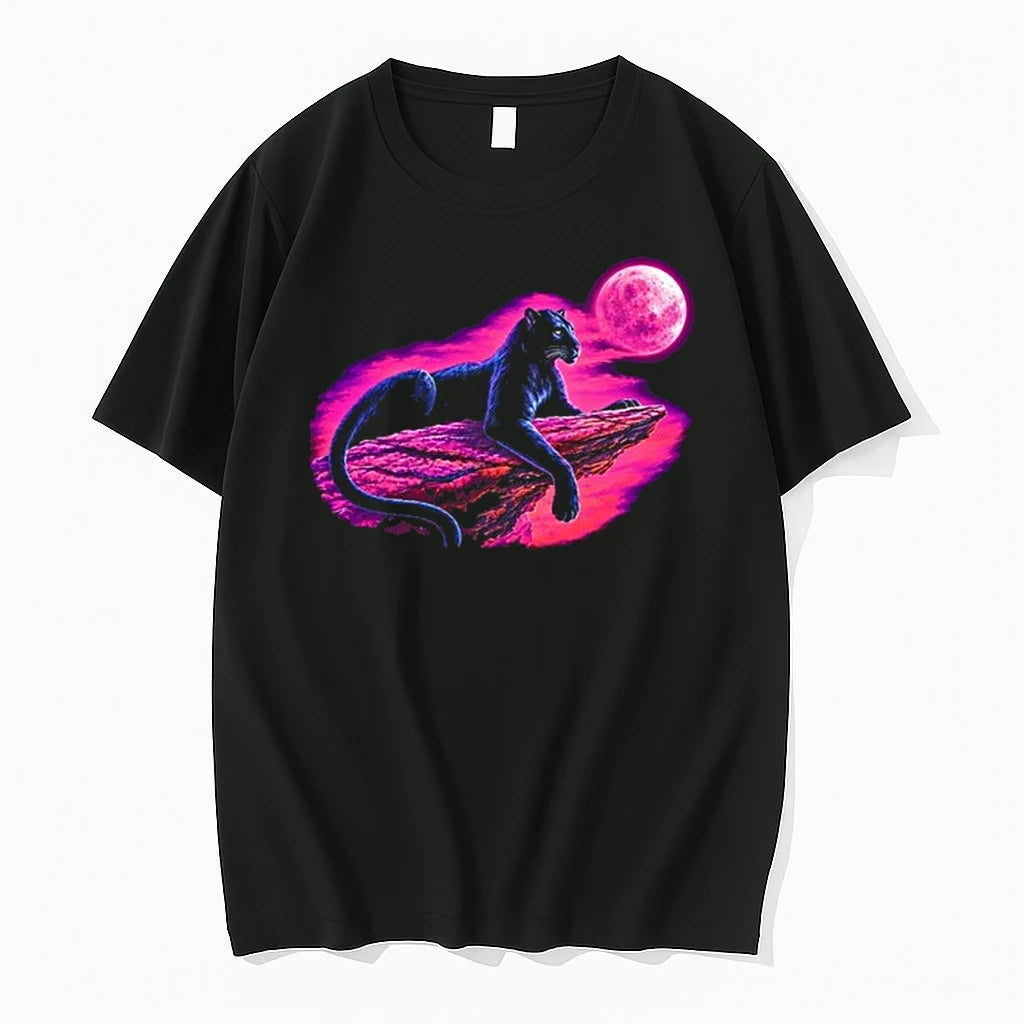 Black Panther Resting On Rock With Pink Moon Night Sky Scene Art Print 0 Tshirts