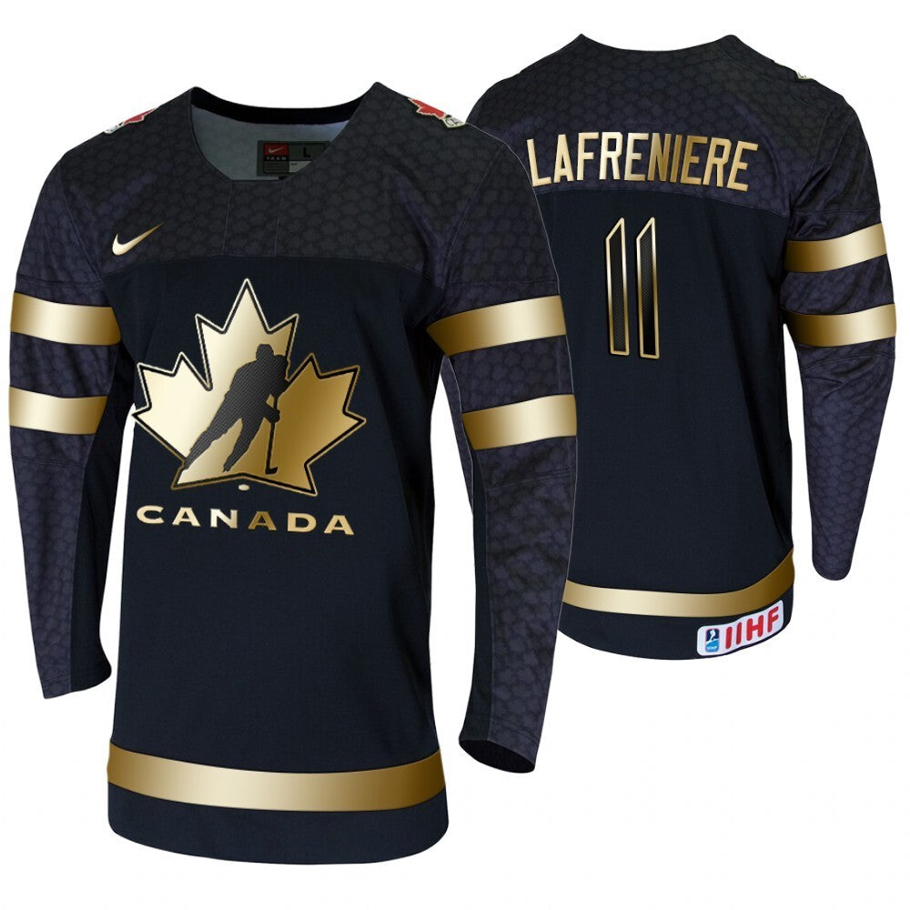 canada #11 Alexis Lafreniere golden-limited-edition-2020-iihf-world-junior-ice-hockey-champions-men's-black-jersey