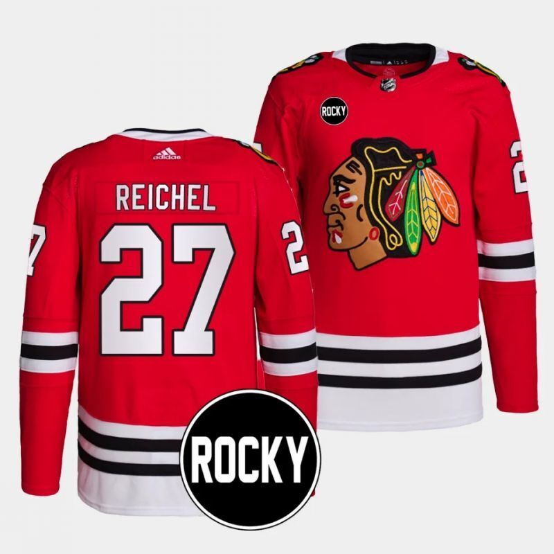 chicago blackhawks #27 lukas reichel 2023-24 authentic home red rocky patch jersey