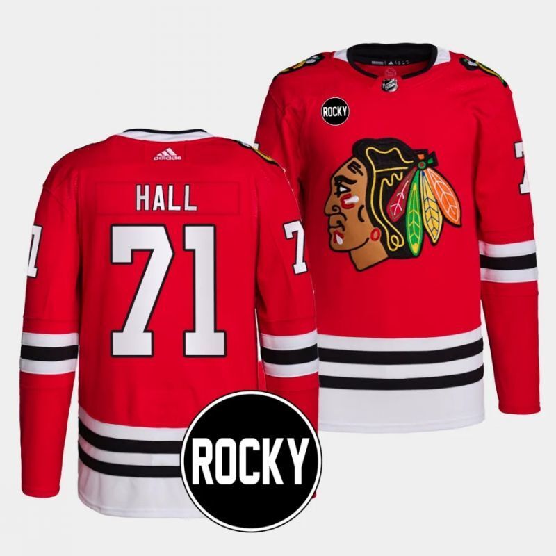 chicago blackhawks #71 taylor hall 2023-24 authentic home red rocky patch jersey