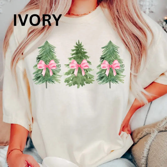 christmas trees with pink bows Comfort Colors Women's Oversized Christmas Shirt - Festive Printed Design - Cotton, Comfortable